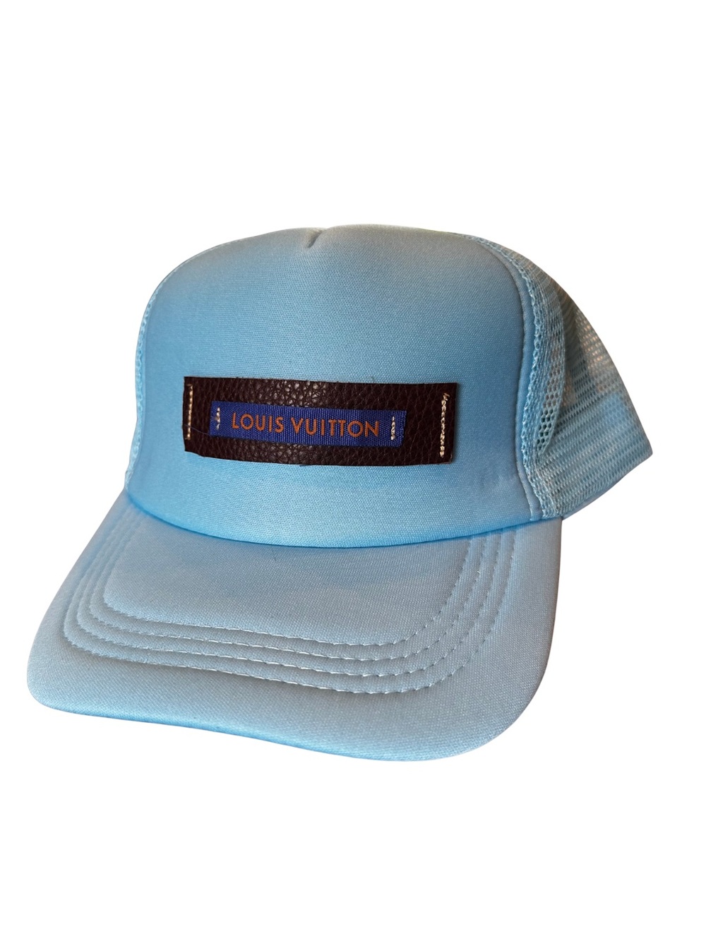 Upcycled Baby Blue Trucker Hat Louis Vuitton Leather + Monogram Patch